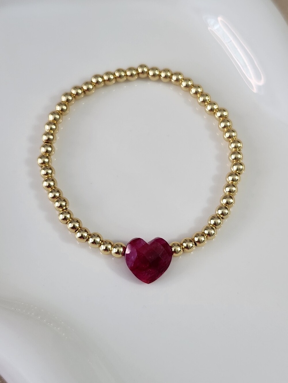 Gold Ruby Heart Beaded Bracelet